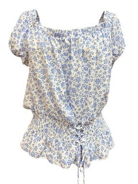 Ultra Flirt Blue Floral Cottagecore Blouse Smocked Waist Top Large